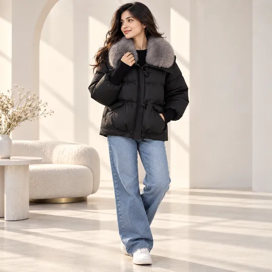 Exclusive Imported Women Far Hood Jacket - Black