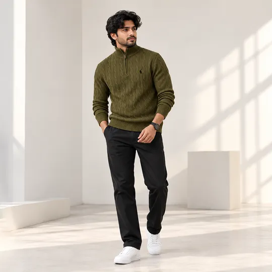 Cable-Knit Quarter-Zip High Neck Army Green