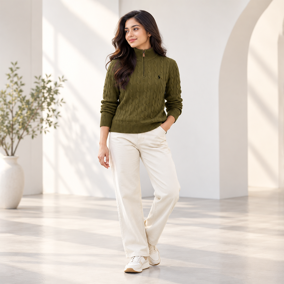 Cable-Knit Quarter-Zip High Neck Army Green