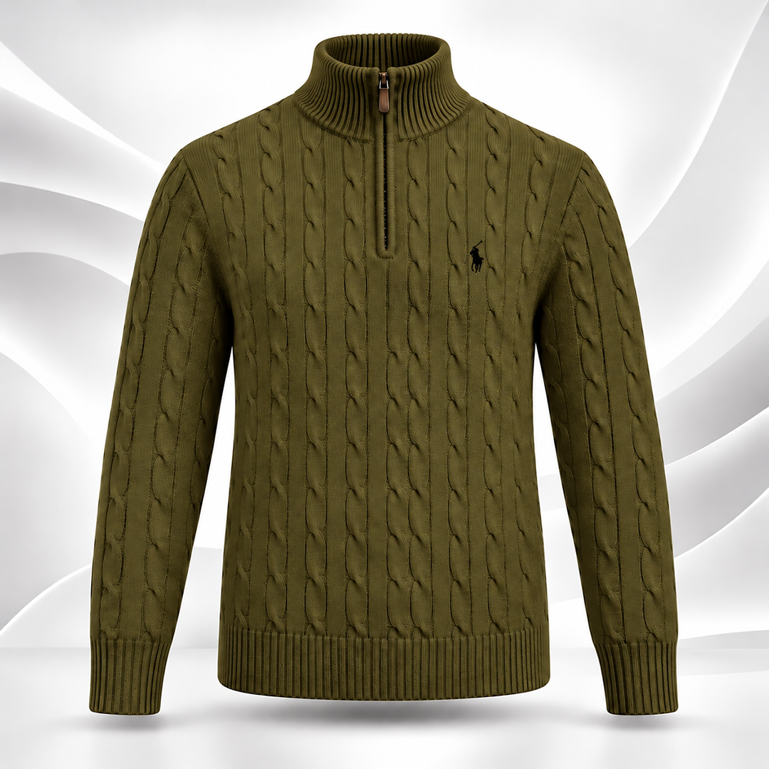 Cable-Knit Quarter-Zip High Neck Army Green
