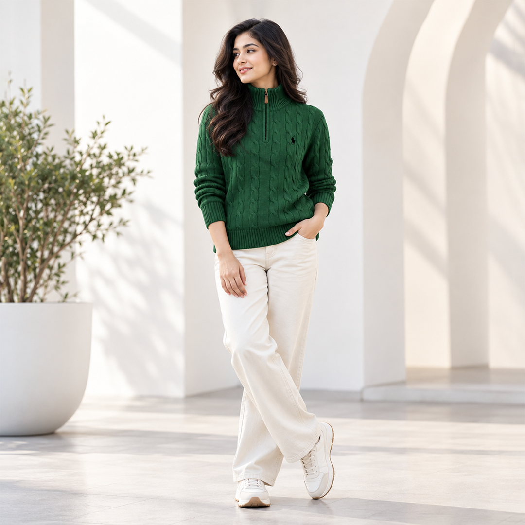 Cable-Knit Quarter-Zip High Neck Green