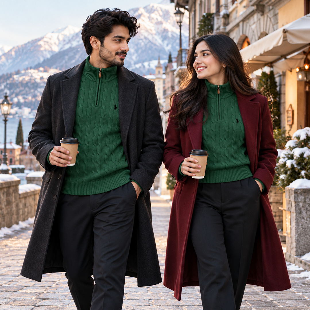 Cable-Knit Quarter-Zip High Neck Green