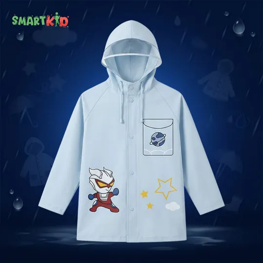 Cute Cartoon Blue Waterproof Raincoat with Button and Zipper System