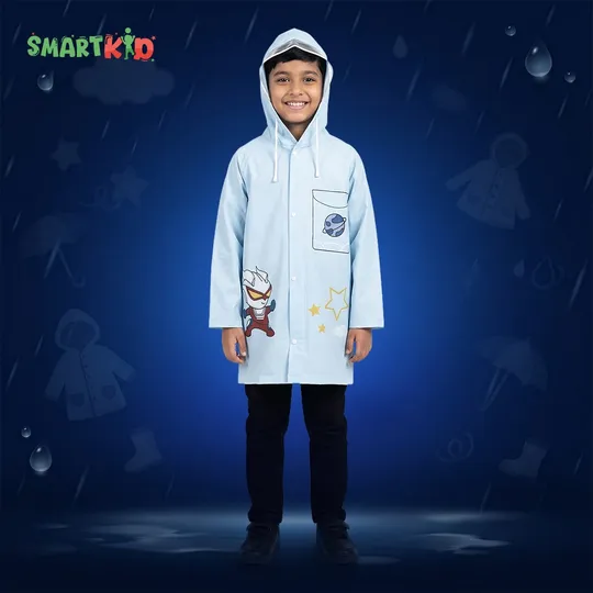 Cute Cartoon Blue Waterproof Raincoat with Button and Zipper System