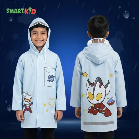 Cute Cartoon Blue Waterproof Raincoat with Button and Zipper System