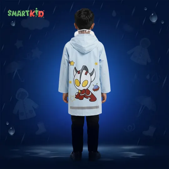 Cute Cartoon Blue Waterproof Raincoat with Button and Zipper System