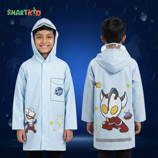 Cute Cartoon Blue Waterproof Raincoat with Button and Zipper System