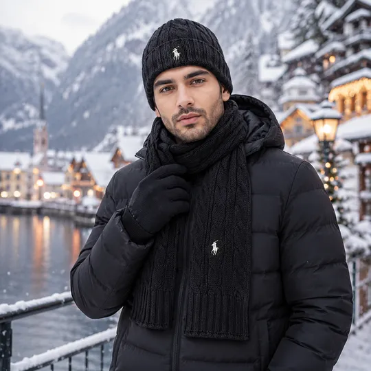 Ralph Lauren Winter Beanie Muffler Combo Set Black White logo