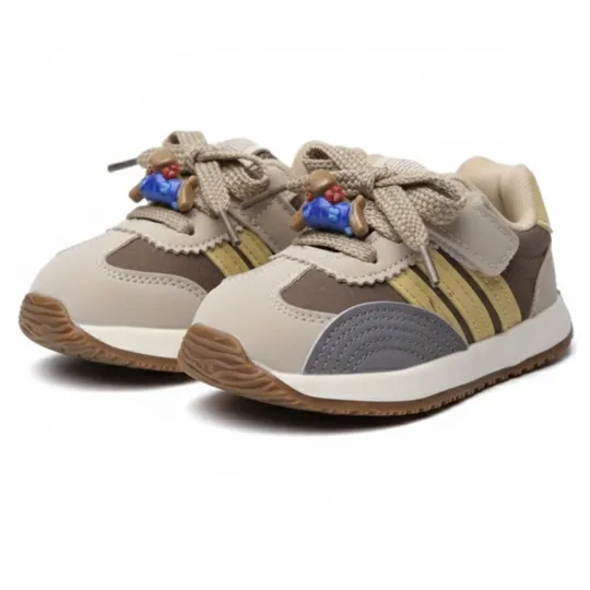 Beige & Brown Casual Kids Shoes with Colorful Lace Accents