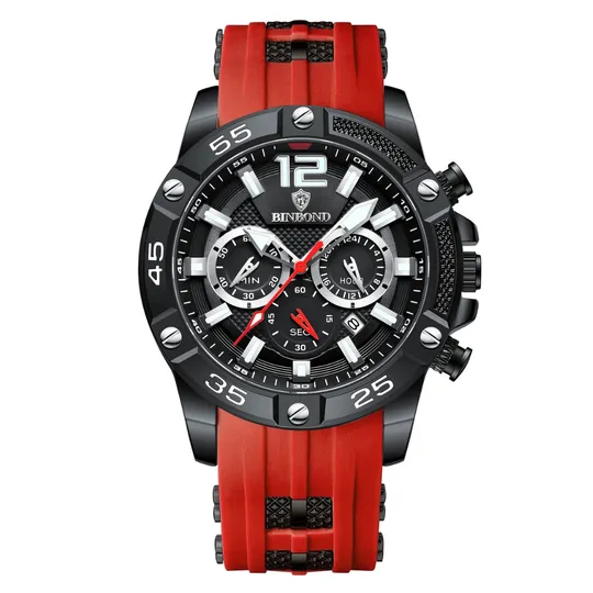 Binbond Chronograph Watch for Men – Black Dial with Red Silicone Strap