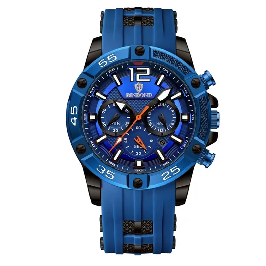 Binbond Men’s Chronograph Watch – Blue Dial & Sporty Silicone Strap