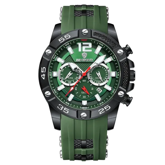 Men’s Chronograph Watch – Black Case with Green Dial & Green Silicone Strap