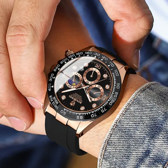 Men’s Chronograph Watch – Rose Gold Dial with Black Silicone Strap