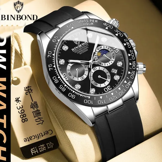 Men’s Chronograph Watch – Black Dial with Black Silicone Strap