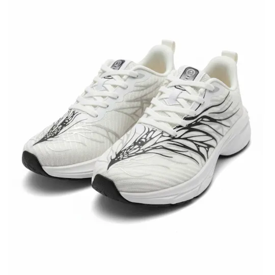 Beige Running Shoes – White with Black & Grey Pattern