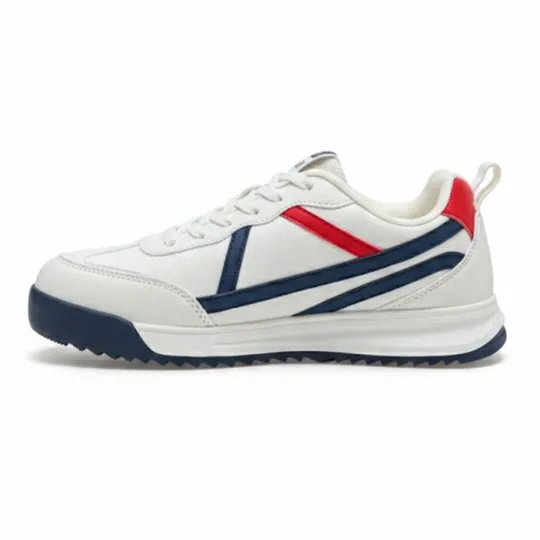 White Sneakers with Red & Navy Blue Stripes