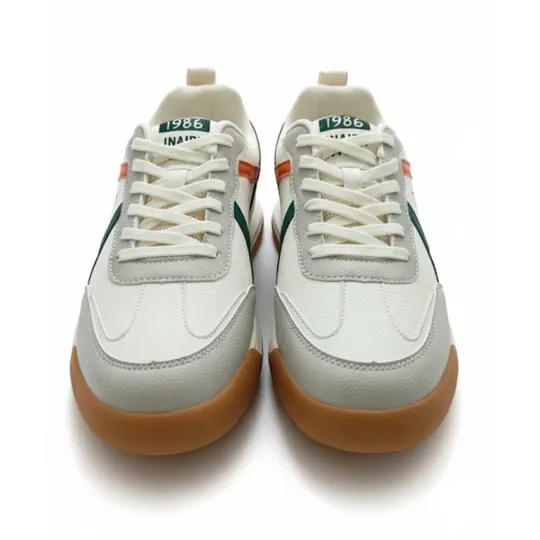 White Sneakers with Red & Navy Blue Stripes