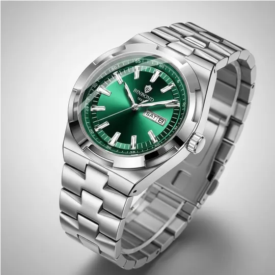 Silver Stainless Steel Watch with Green Sunburst Dial