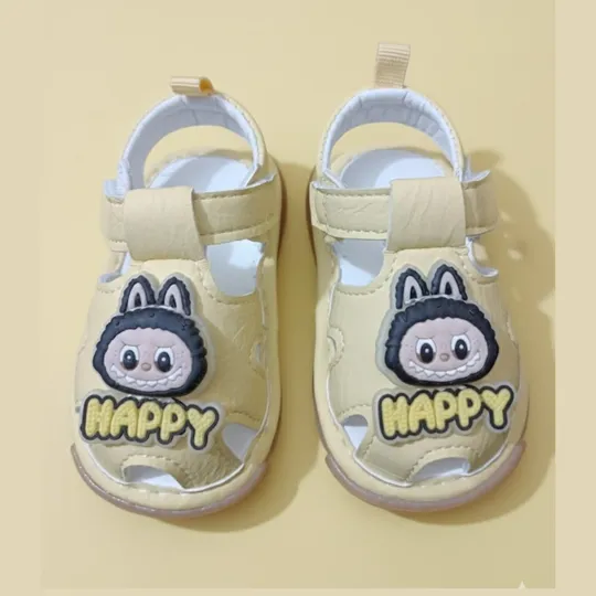 “HAPPY” Cartoon Baby Sandals – Pale Yellow/Cream with Light