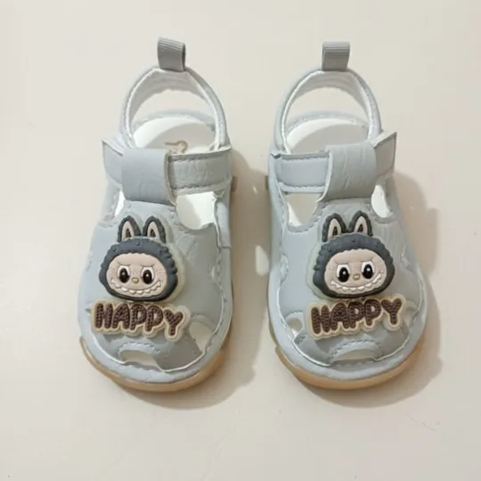Grey “HAPPY” Cartoon Baby Sandals with Light