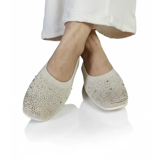 Ladies Womens Easy Slip On Diamante Party Shoes -Beige