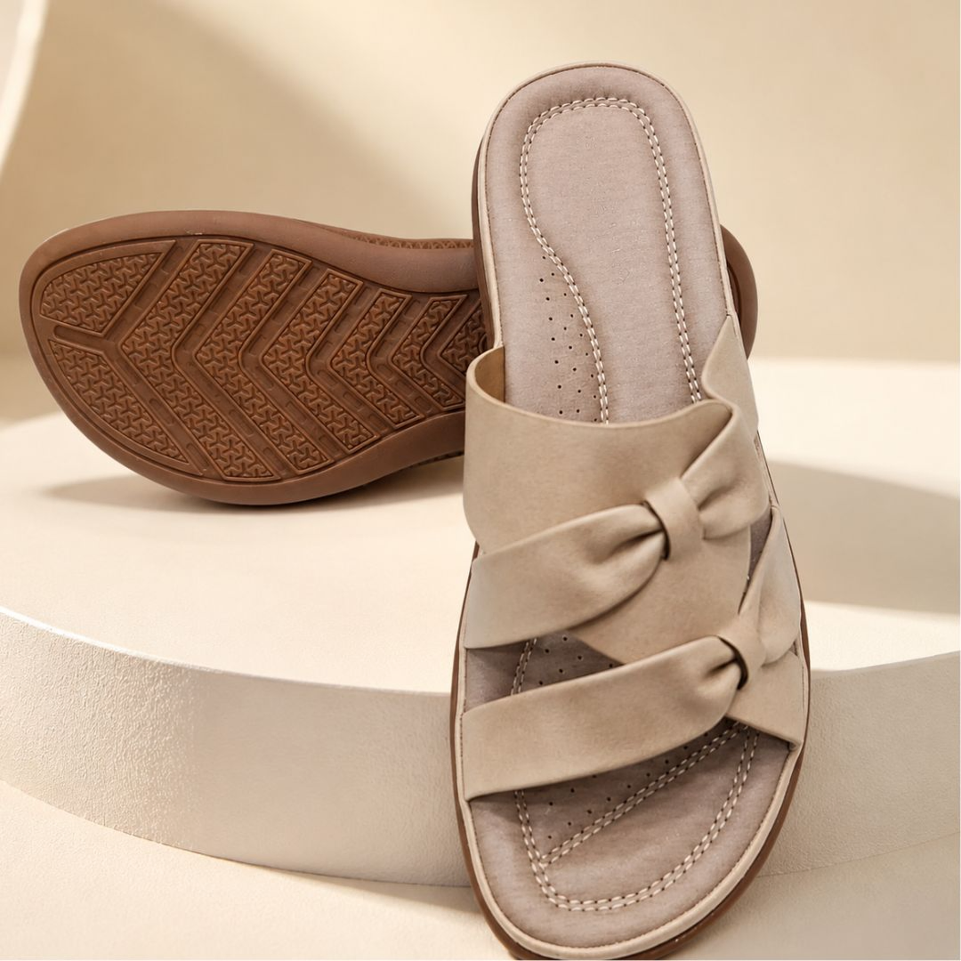SIKETU Beige Double Bow Comfort Slides for Women – Premium PU Leather Sandals