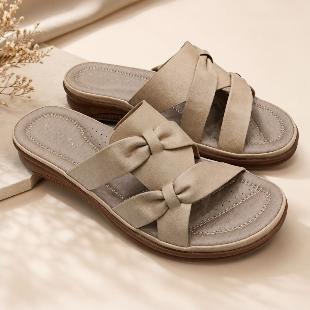 SIKETU Beige Double Bow Comfort Slides for Women – Premium PU Leather Sandals