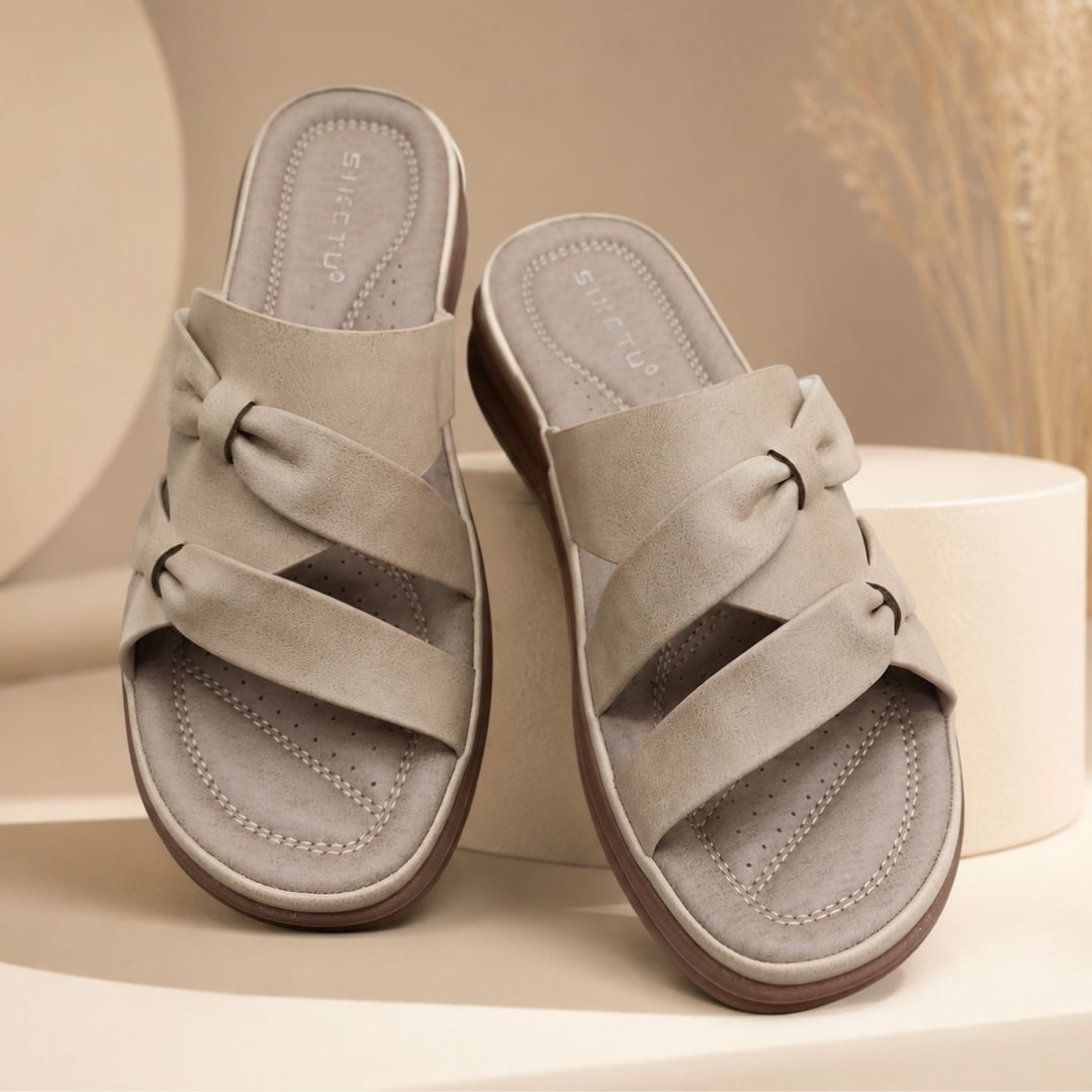 SIKETU Beige Double Bow Comfort Slides for Women – Premium PU Leather Sandals