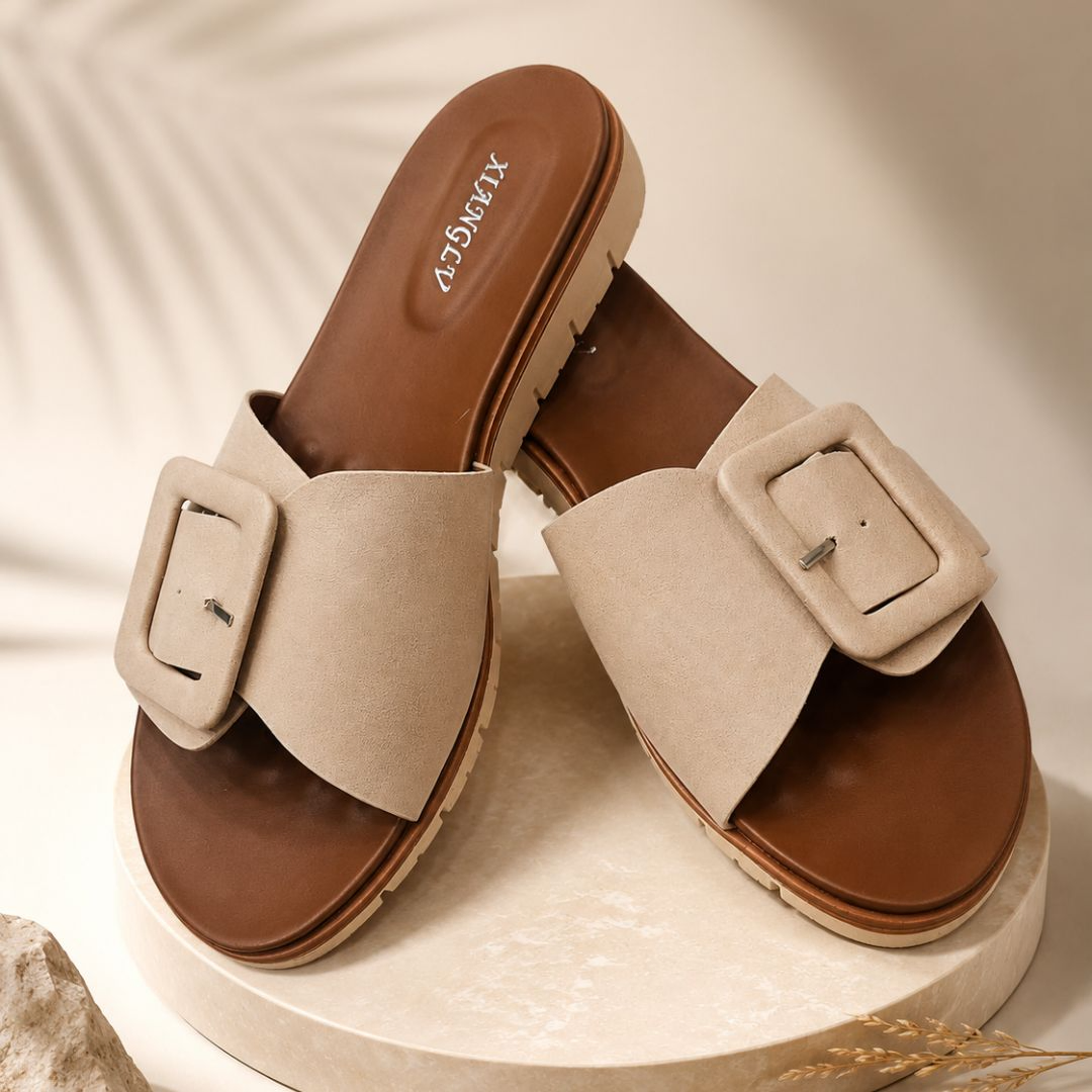 Xianglv Beige Buckled Slide Sandals for Women – Premium Minimal Comfort Slides
