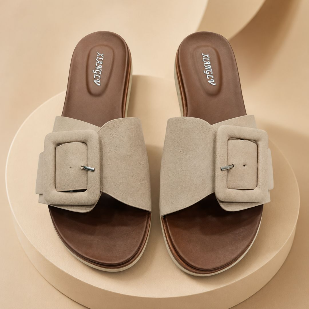 Xianglv Beige Buckled Slide Sandals for Women – Premium Minimal Comfort Slides