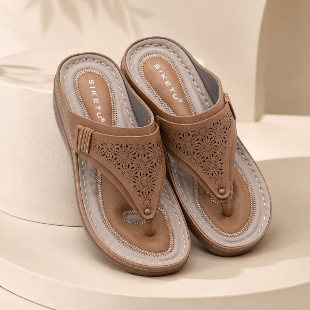 SIKETU Beige Floral Cut-Out Comfort Sandals for Women – Premium Wedge Thong Sandals