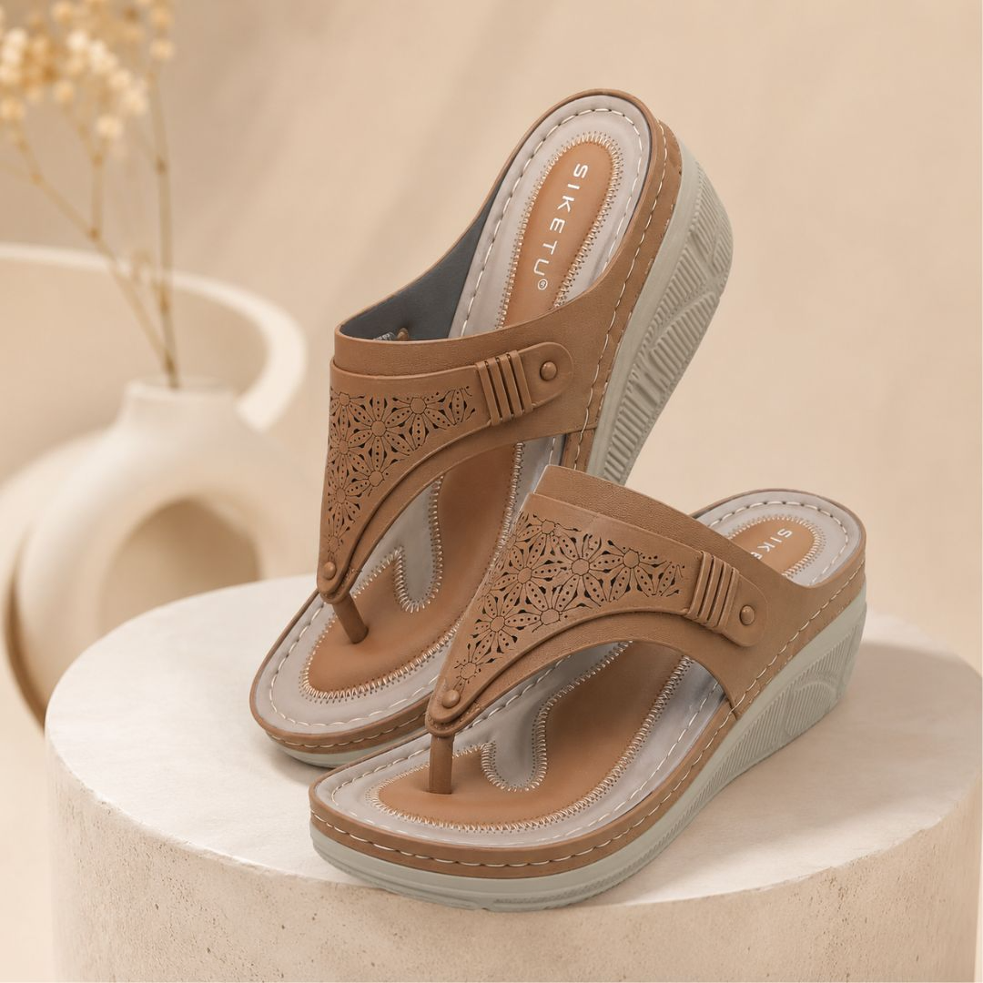 SIKETU Beige Floral Cut-Out Comfort Sandals for Women – Premium Wedge Thong Sandals