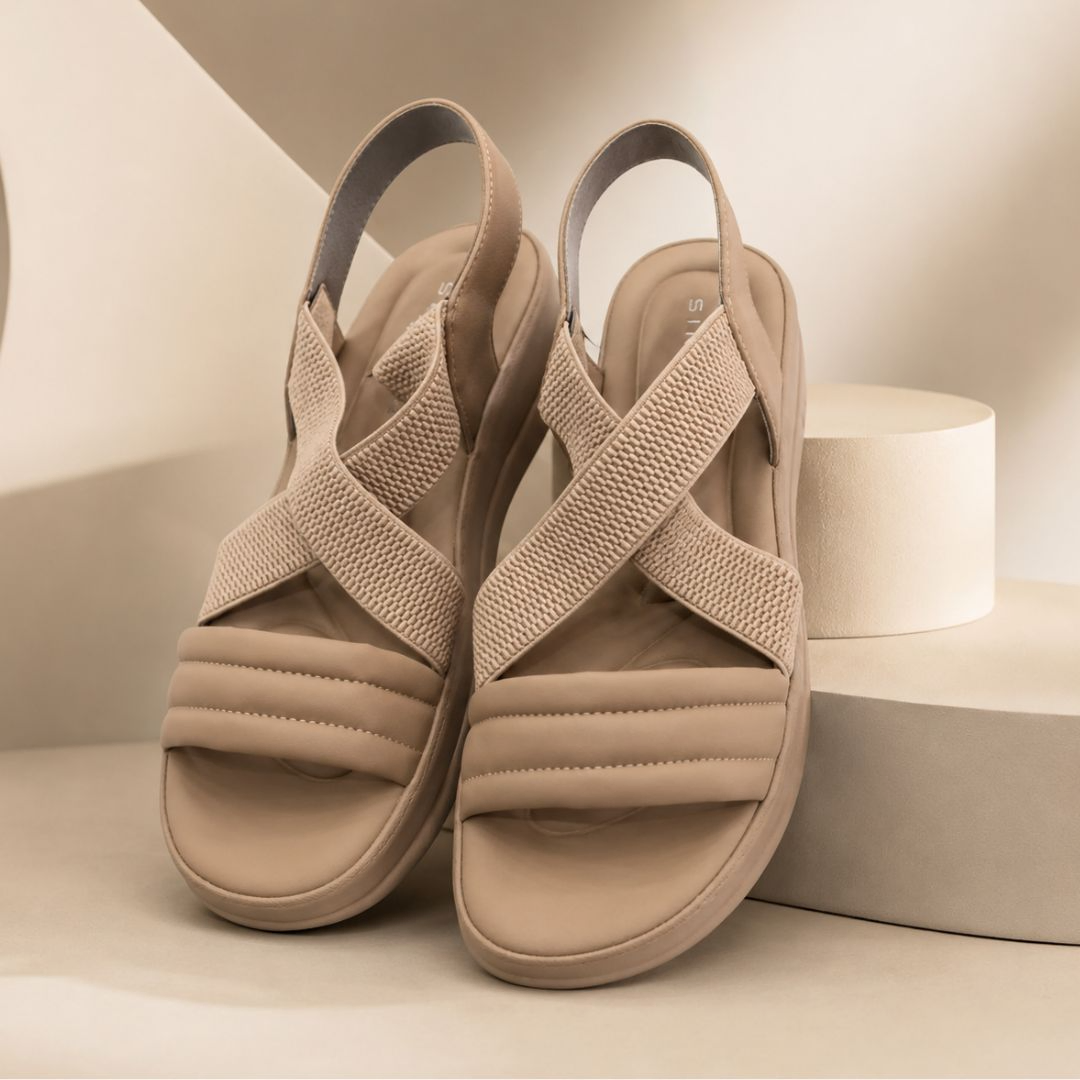 SIKETU Beige Platform Comfort Sandals for Women – Premium Elastic Strap Wedge Sandals