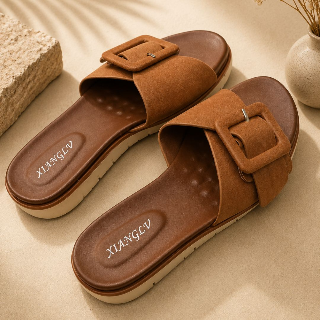 Xianglv Brown Bohemian Wedge Sandals for Women – Premium Buckled Summer Slides