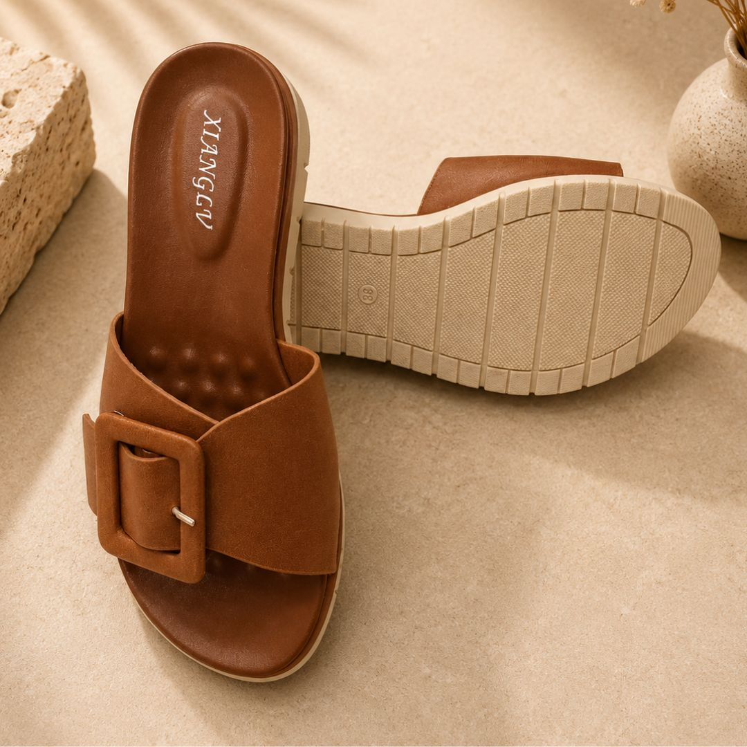 Xianglv Brown Bohemian Wedge Sandals for Women – Premium Buckled Summer Slides