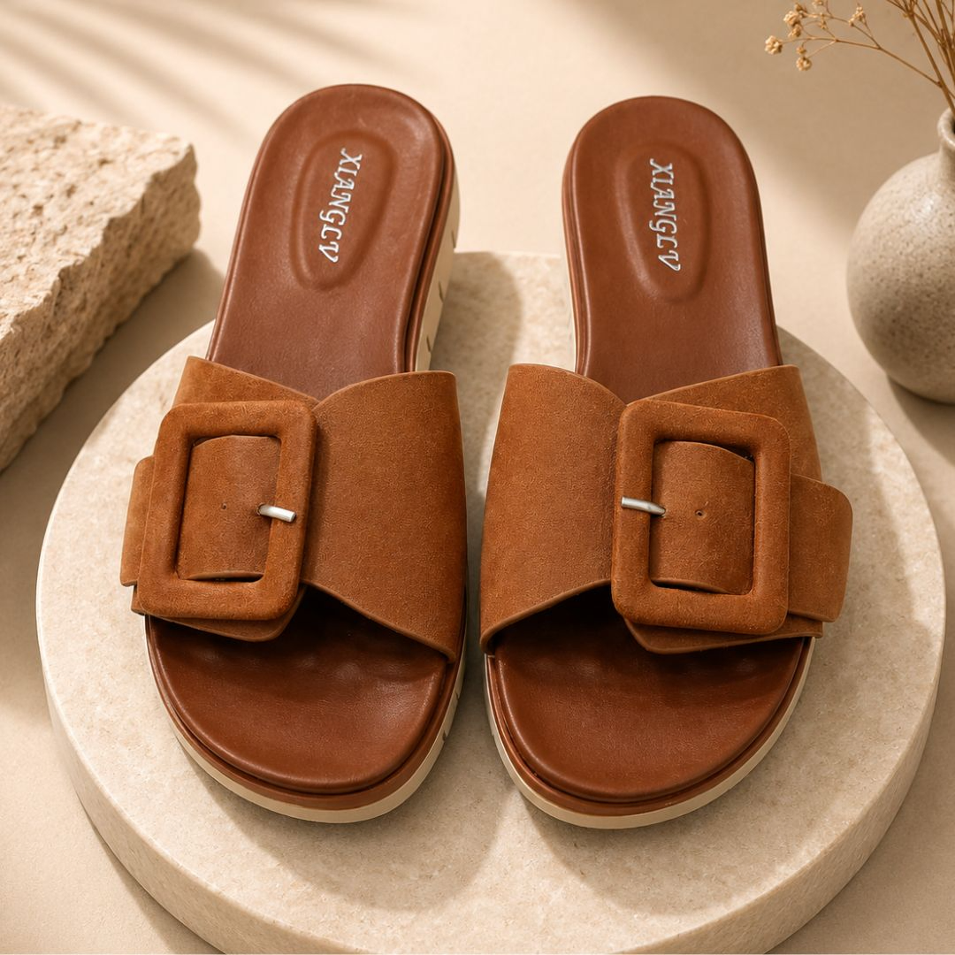 Xianglv Brown Bohemian Wedge Sandals for Women – Premium Buckled Summer Slides