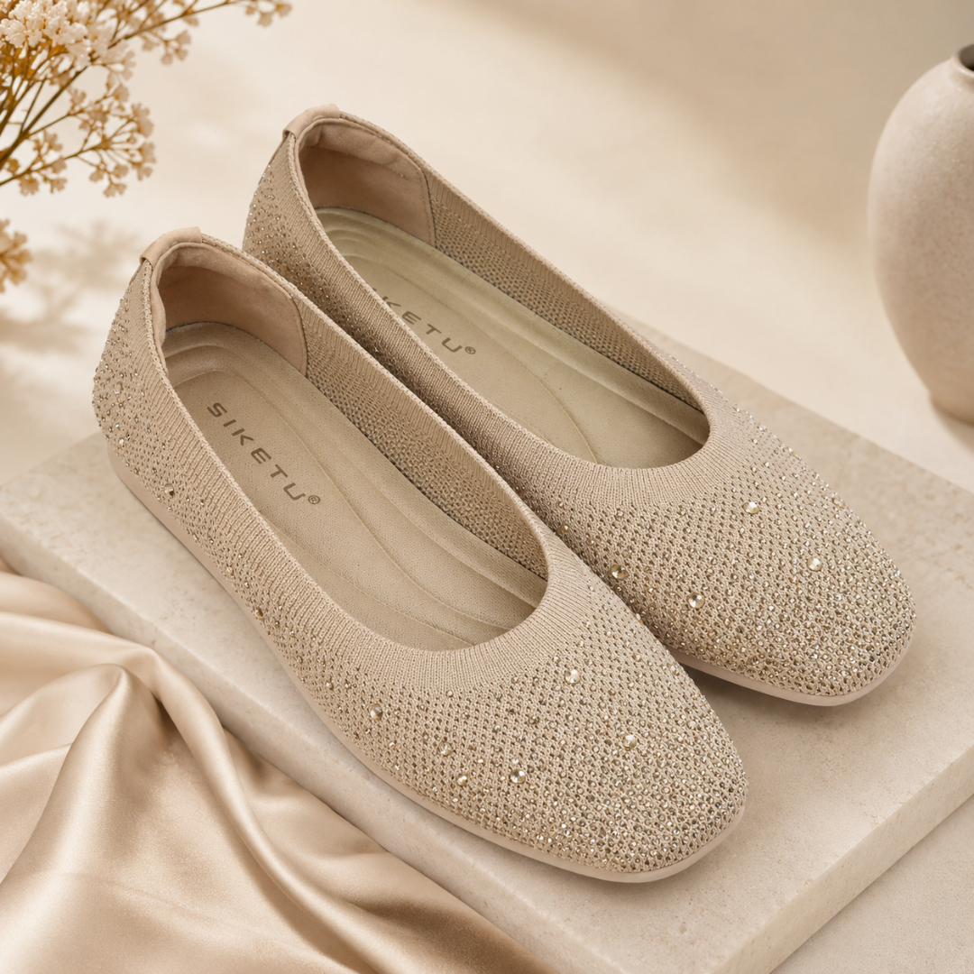 Ladies Womens Easy Slip On Diamante Party Shoes -Beige
