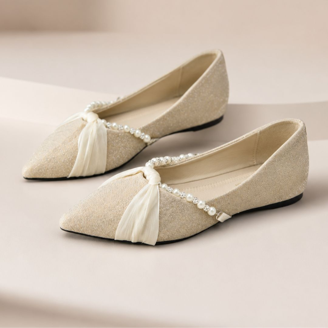 Liora Pearl Bow Pointed-Toe Flats – Beige