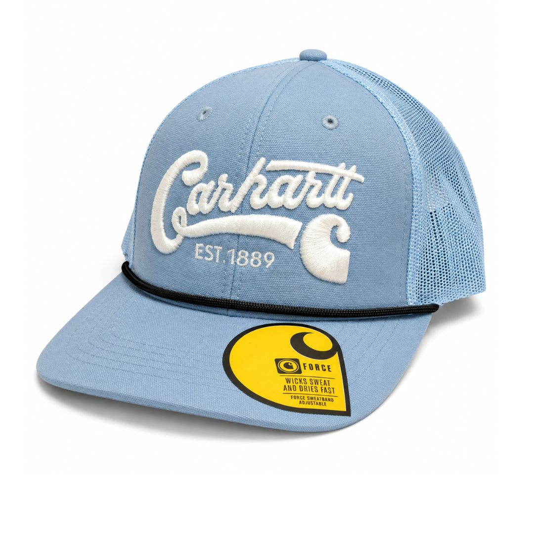 Carhartt Thundercloud Blue Canvas Mesh-Back Script Cap –Men’s Rugged Trucker Cap