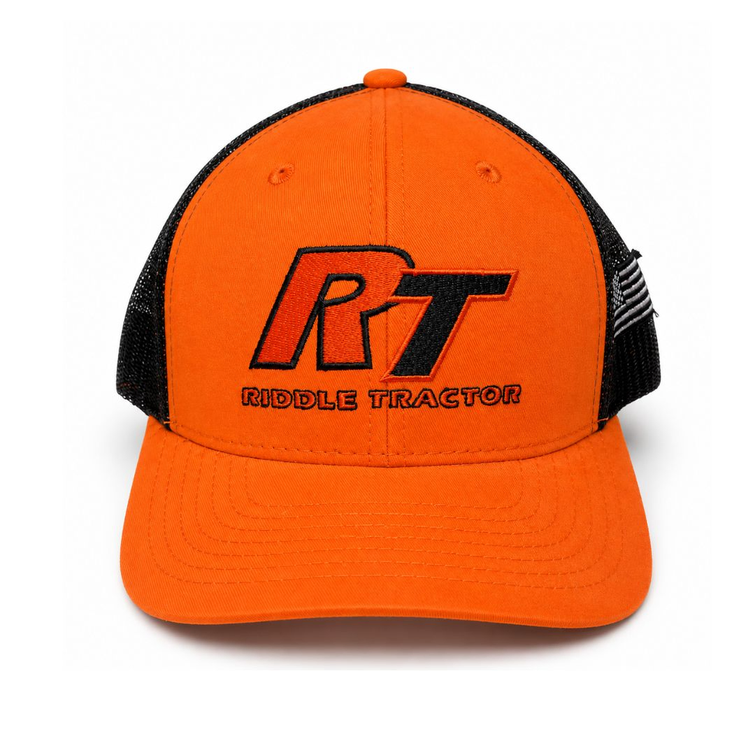 Riddle Tractor Safety Orange Mesh Trucker Cap –RT Embroidered Snapback Hat