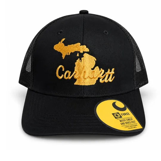 Carhartt Force Black Mesh-Back Trucker Cap –Gold Embroidered Workwear Hat