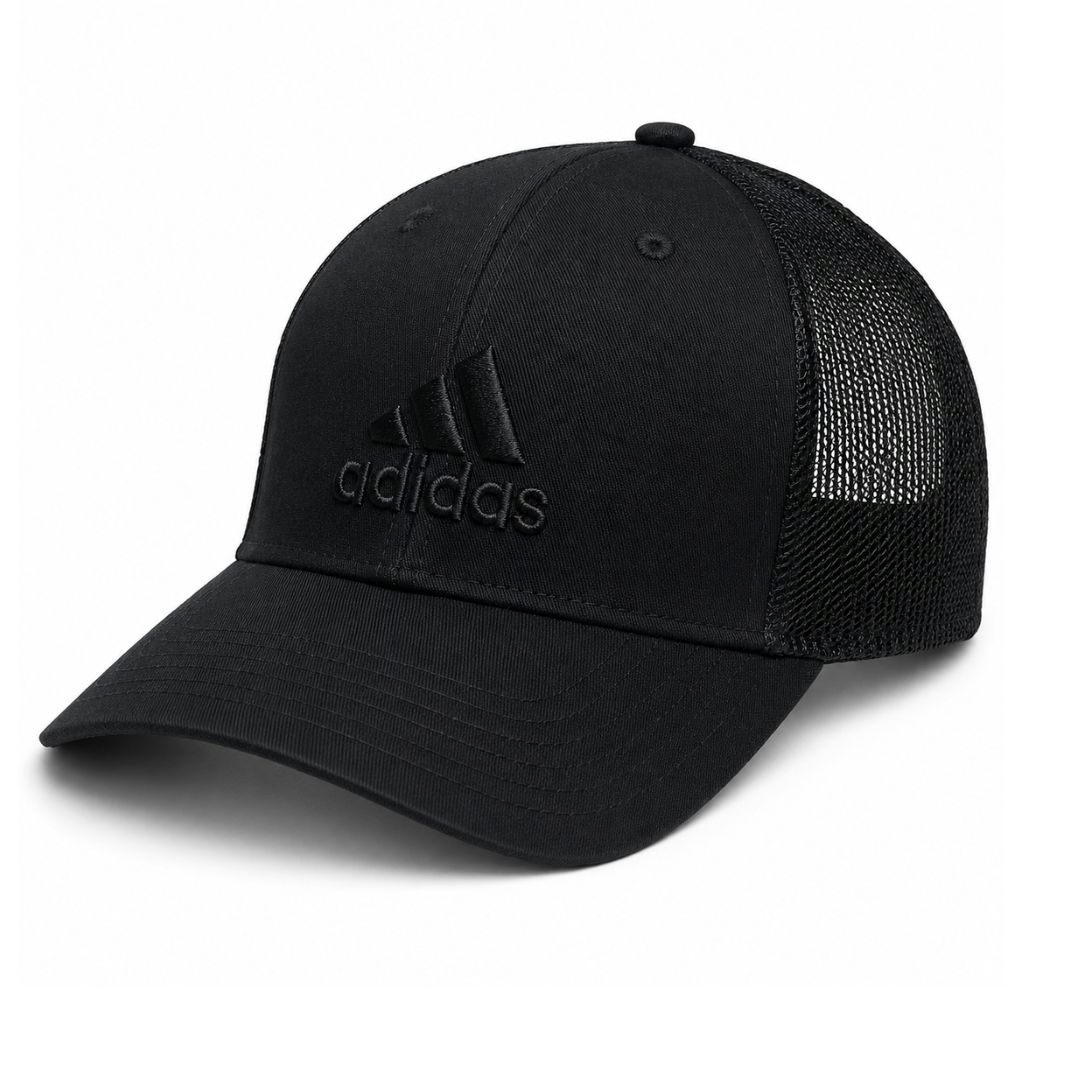 adidas Triple Black Structured Trucker Hat – Premium Tonal Mesh Snapback Cap