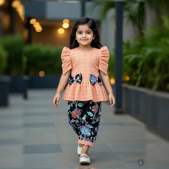 Peach Ruffle Top with Black Floral Pants Set for Girls