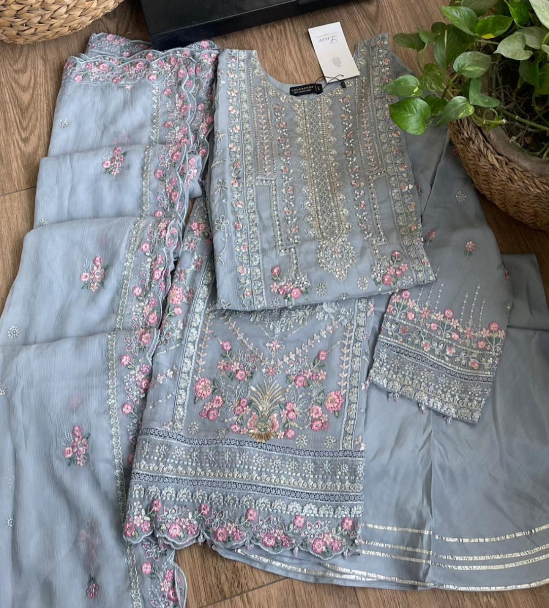 Pakistani Original Sadabahar Luxury Chiffon Stitched 3Pcs _ Light Blue 