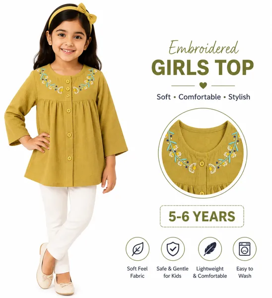 Mustard Embroidered Girls Top