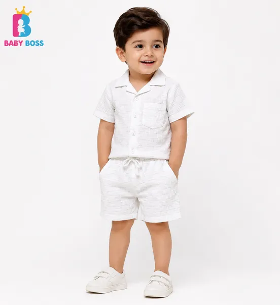 Baby Boss White Textured Shirt & Shorts Set for Boys