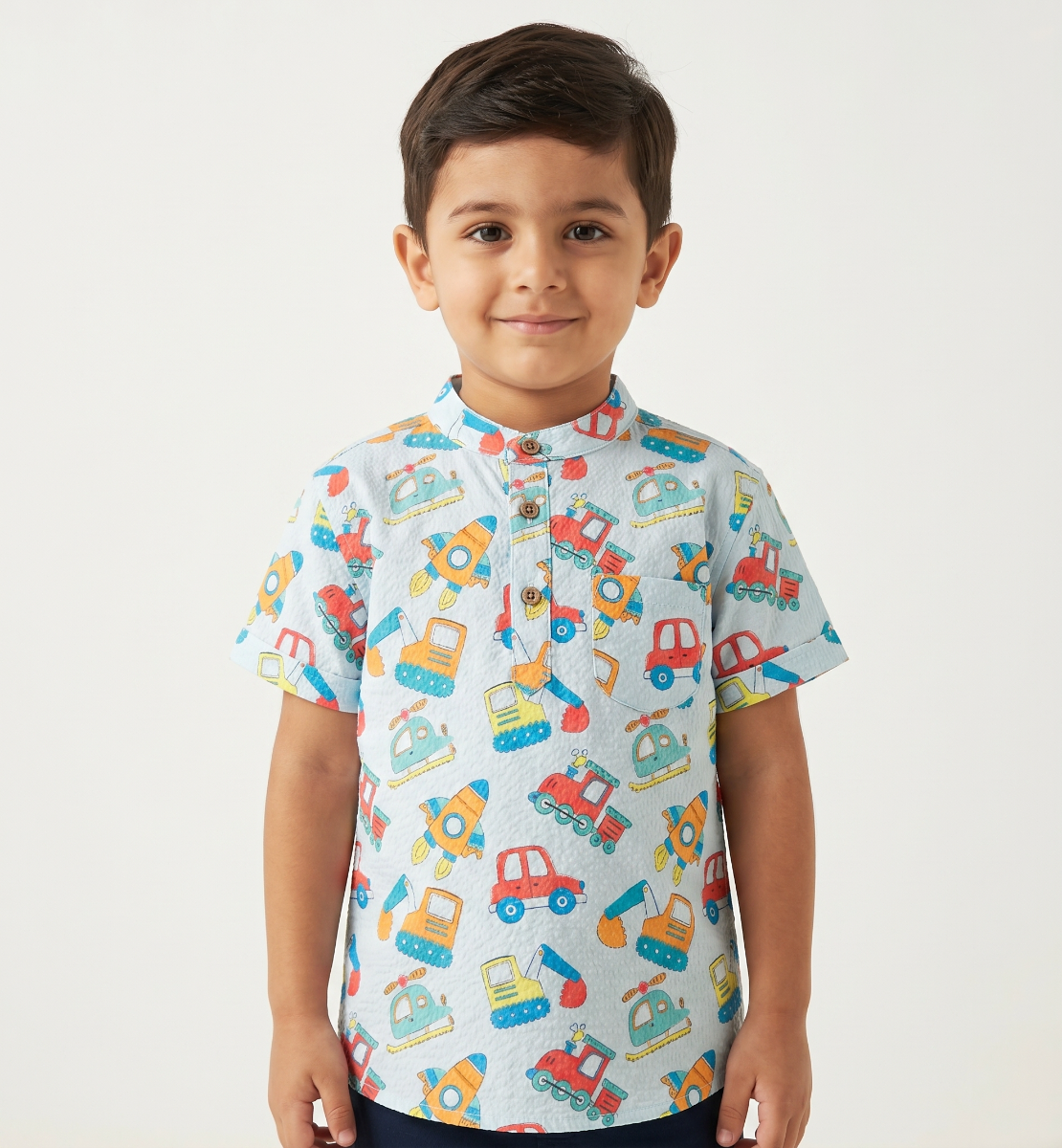 Boys' Seersucker Transport Pattern Band Collar Shirt