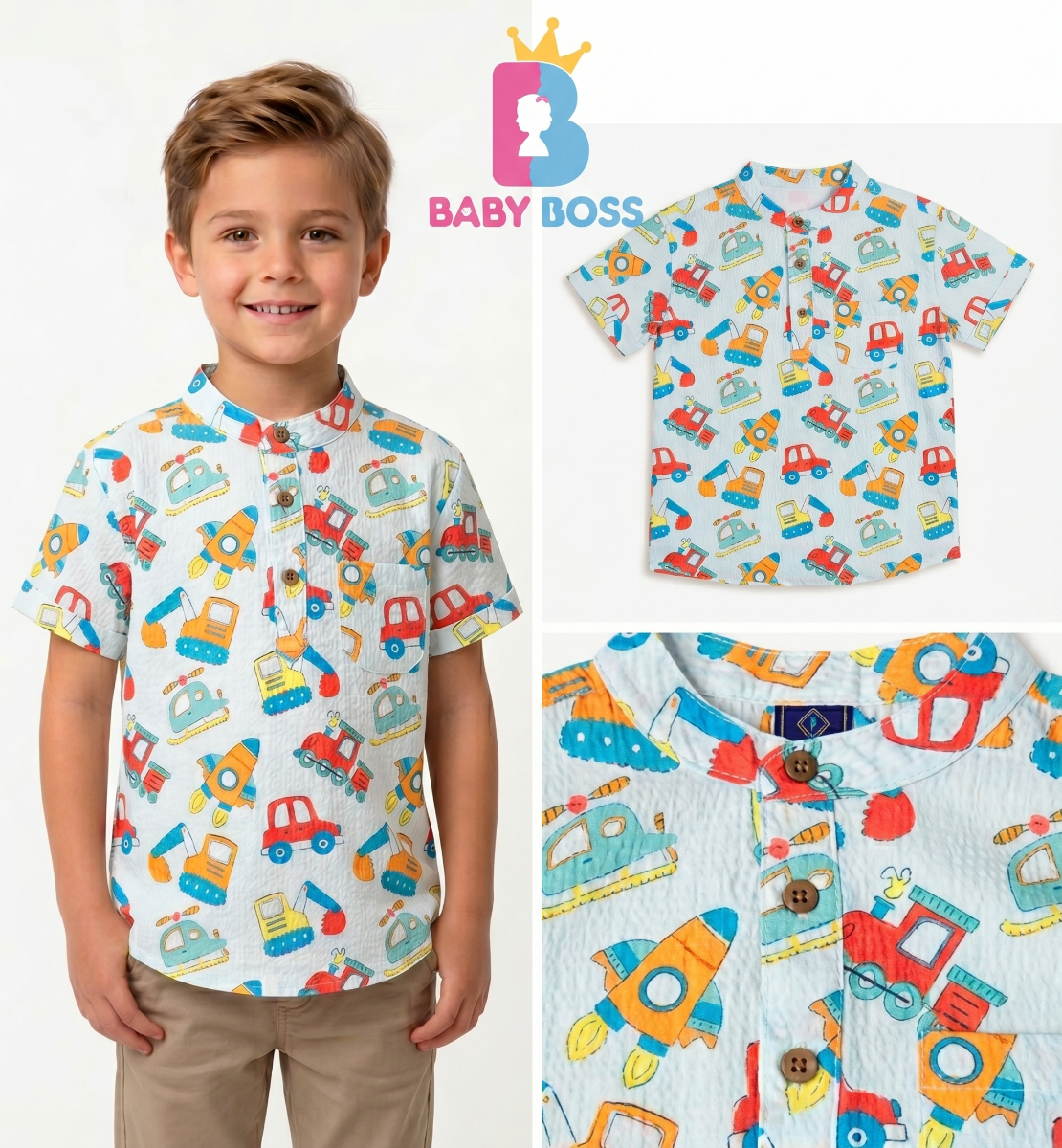 Boys' Seersucker Transport Pattern Band Collar Shirt