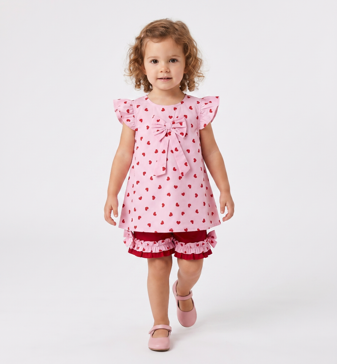 Sweet Girl's Heart Print Top & Red Ruffle Shorts Set