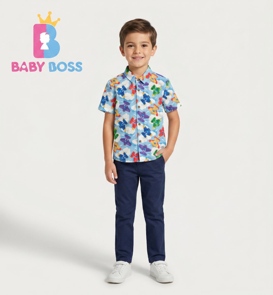 Boys' Airplane & Cloud Print Short-Sleeve Seersucker Shirt